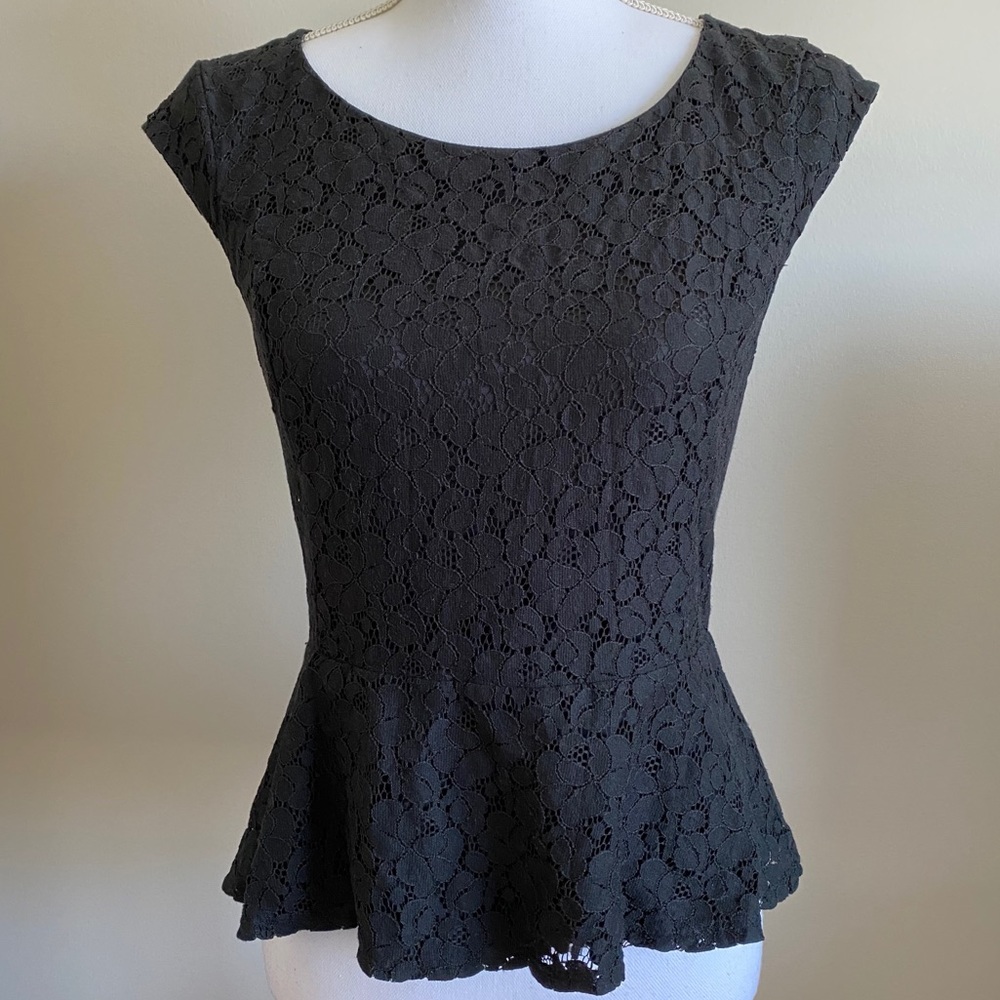 Express Black Lace Gold Zipper Peplum Blouse